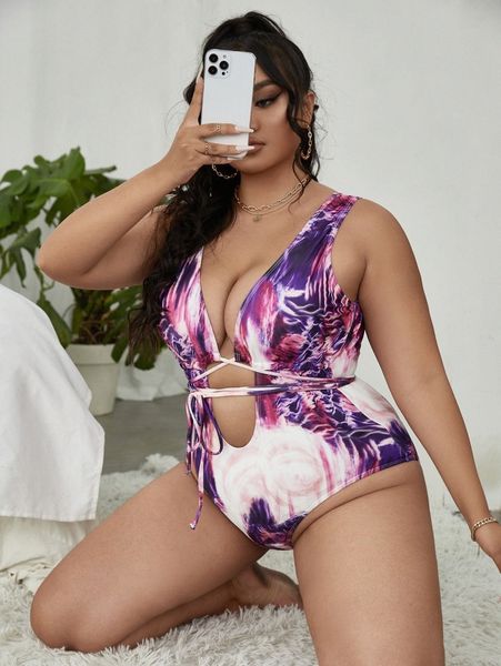 

plus tie dye lace up one piece swimsuit k5ry#, Black