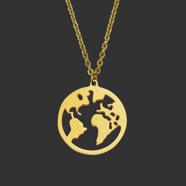 

steel titanium plated wind gold simple 18k round pendant world map women's short necklacermfy, Silver