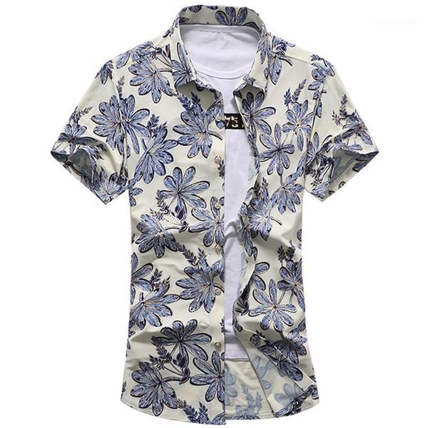 

men's casual shirts men's 2021 summer fashion leaves printed short sleeve floral shirt blouses clothing plus size male 5xl 6xl 7xl, White;black