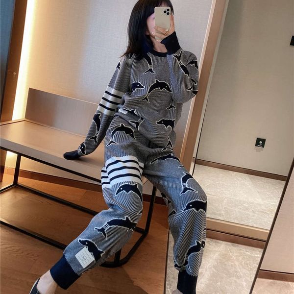 

autumn and winter 2020 new net red tb stripe cartoon dolphin jacquard sweater pants set women's sports leisure trend, Gray