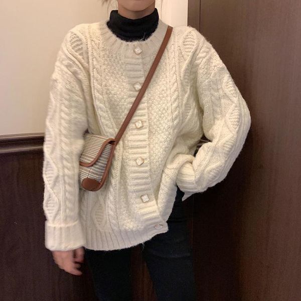 

autumn winter twist heavy industry sweater women loose and versatile knit single-breasted student cardigan jacket kg-751, White