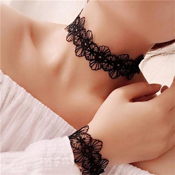 

chokers handwork black white lace hollow out necklace set gothic fashion choker bracelet women jewelry, Golden;silver
