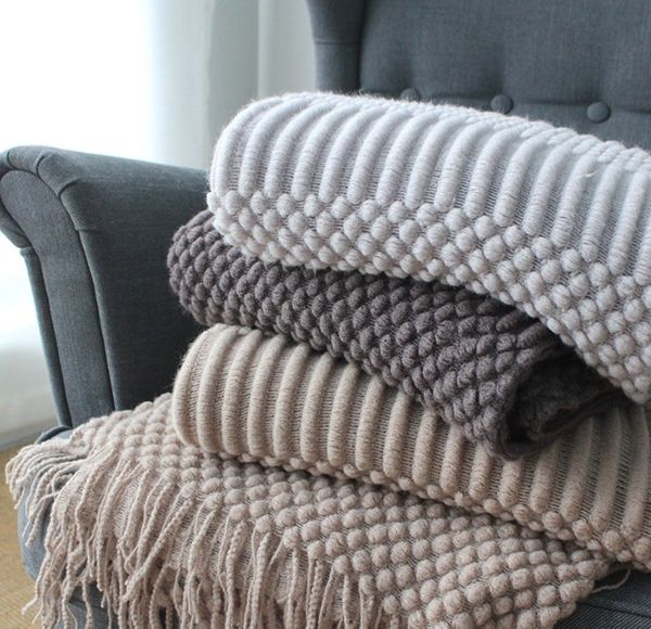 

sofa cover knitted tassel blanket plain color polyester fiber winter autumn living room bedroom warm blankets gray khaki