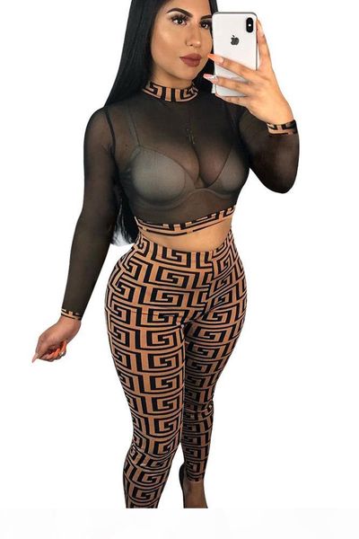 

2018 autumn women sheer plaid 2pc pantsuit stretchy high neck long sleeve crop high waist long slim pant party two piece outfits, White