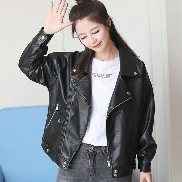 

leather jacket women's spring and autumn new thin student motorcycle loose boyfriend wind leather jackets1, Black