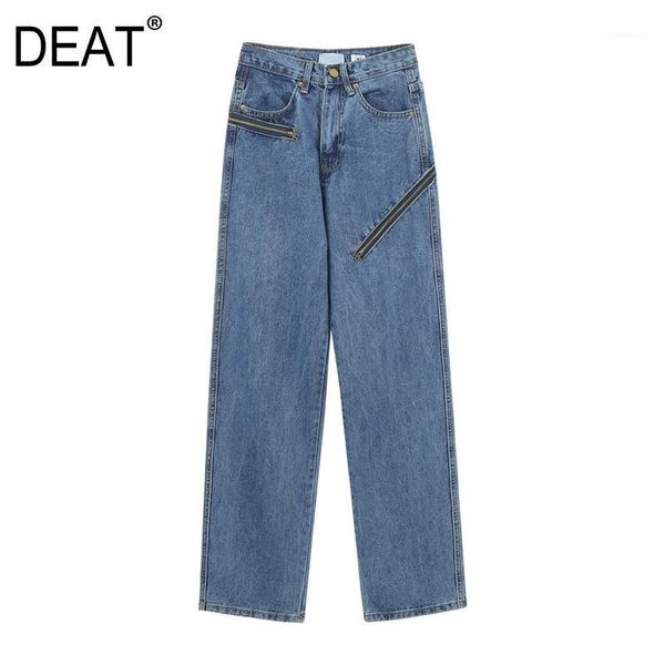 

deat] 2020 spring autumn new fashion tide casual women wide leg pants high waist zipper personality loose jeans 13a6111, Blue