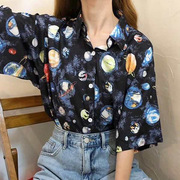 

retro cartoon planet printed blouse women summer short sleeve lapel shirt loose casual shirts 2020 new, White