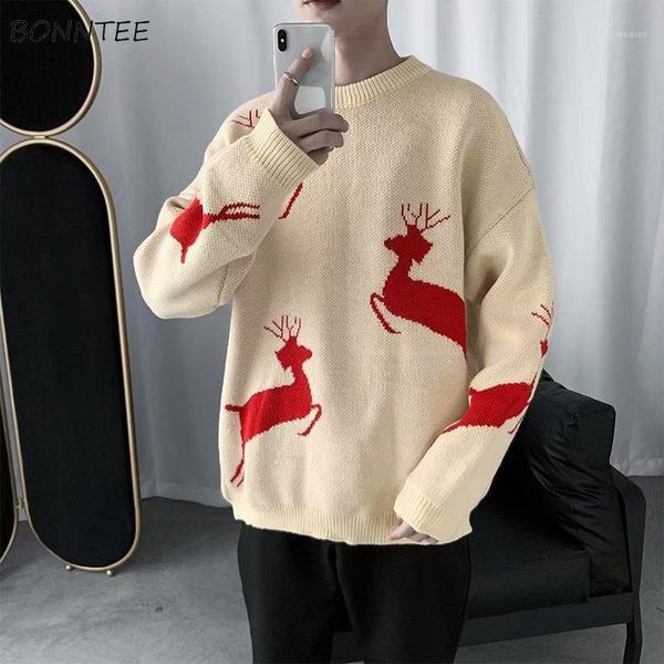 

men pullovers deer print couples winter thickening lazy male sweaters knitted ulzzang streetwear all-match baggy harajuku chic1, White;black