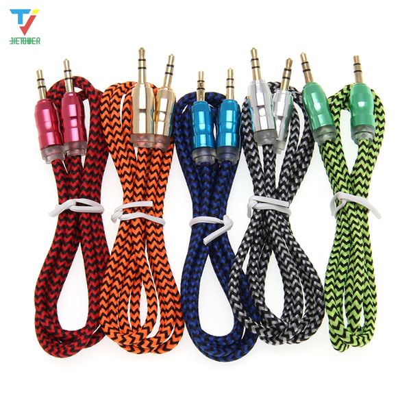 Nylon Cabo de Áudio Trançado Jack 3,5 mm Macho para Cabo AUPO AUPO MASCULINO AUX para iPhone Car Headphone Headphone Linha de arame