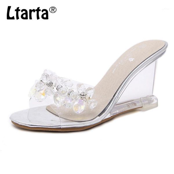 

ltarta women crystal slipper wedge sandals female crystal transparent high heels rhinestone wedge sandals lfd-883-51, Black