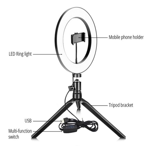 BLOOMVEG 26CM 10 '' Illuminazione dimmerabile Led Desktop Live Broadcast Ring Fill Light con treppiede Supporto per telefono cellulare