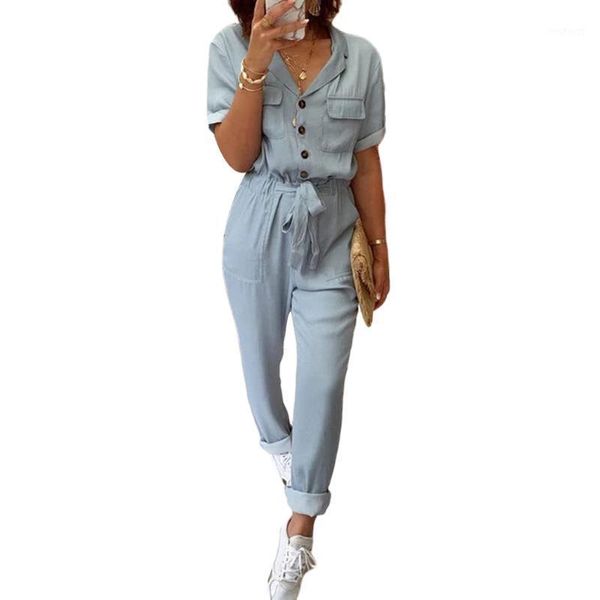 

women short sleeve lapel jumpsuit fashion buttons pocket jumpsuit for women ladies1, Black;white