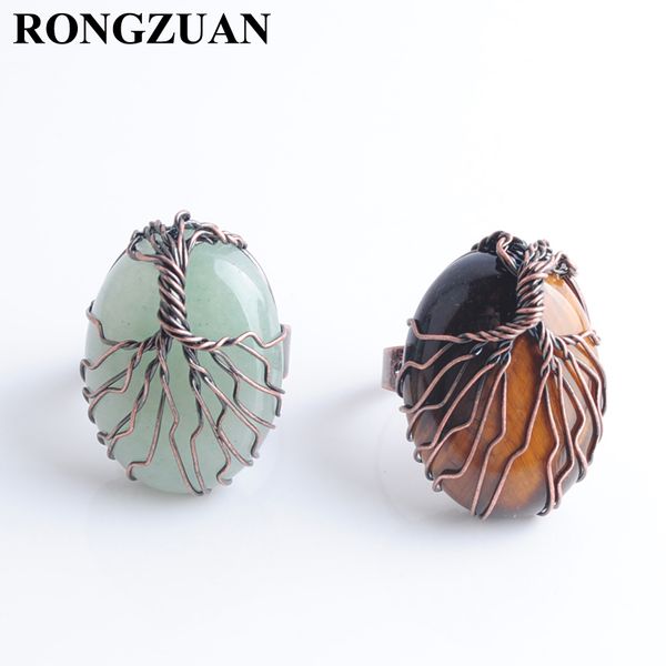 

antique rings for women vintage finger jewelry egg shape natural stone bead wire wrapped tree of life adjustable ring dbx306, Golden;silver