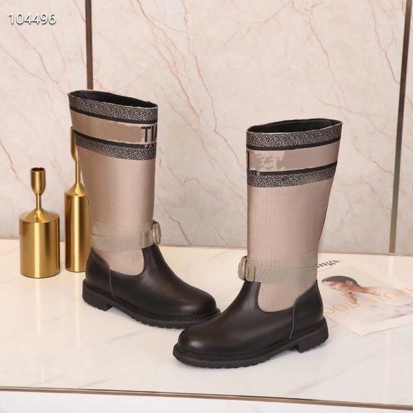 

2021 original style ladies leather stitching black beige martin boots high tube knee pad flat bottom rain boots, Black;red