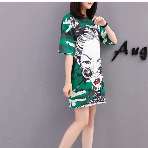 

large thai brand fashion beauty print short sleeve medium length t-shirt for women in summer 2019, Black;gray