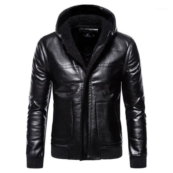 

kimsere men's winter warm faux leather jackets with hood pu motorcycle coats fleece lined thick thermal biker clothing1, Black