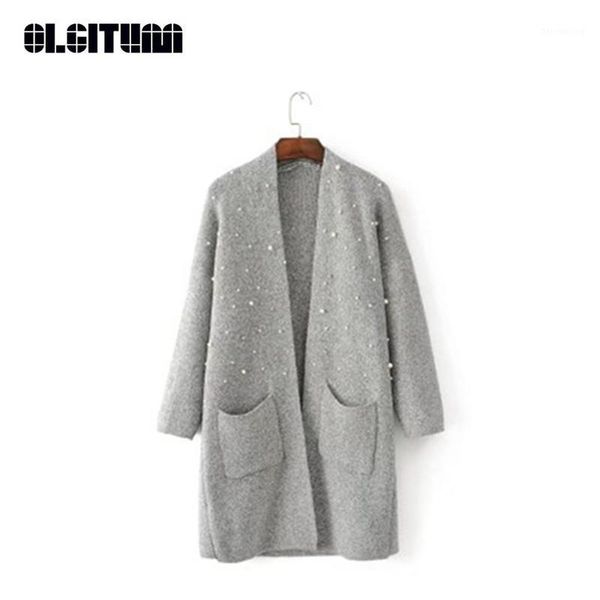 

new fashion 2018 women's solid color beaded sweater cardigan thick coat female long sweater cardigan sw8191, White
