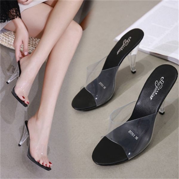 

pvc 2021 new slippers leap mode high /10 centers women sandals leaping fingers transparent clear female foot shoes 62c2, Black
