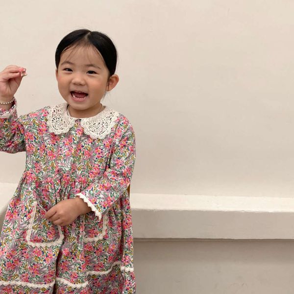 

2021 spring mqd korean girls' floral lapel princs drs, Red;yellow