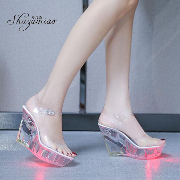 

sandals shuzumiao women 2021 femmes shoes transparent crystal striptease platform high heels ladies party wedge heel, Black
