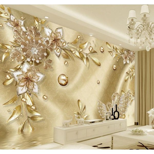 

european style luxury wallpaper golden 3d flower jewelry pattern wallpaper tv background decorative mural wallpaper jllklg sport777