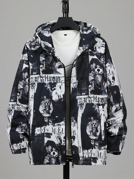 

men letter & bear print zipper hooded jacket without tee l474#, Black;brown
