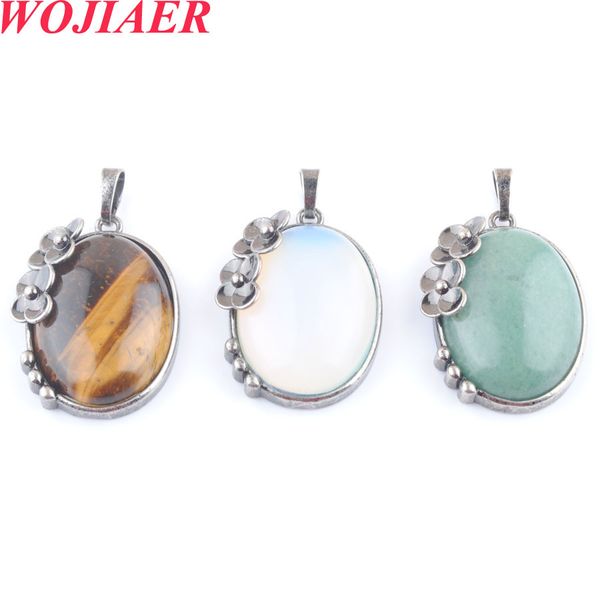 Wojiaer Vintage Emated Stone Natural Stone Pinging Antique Silver Color Flower Flower Womens Men colares Jóias BO911