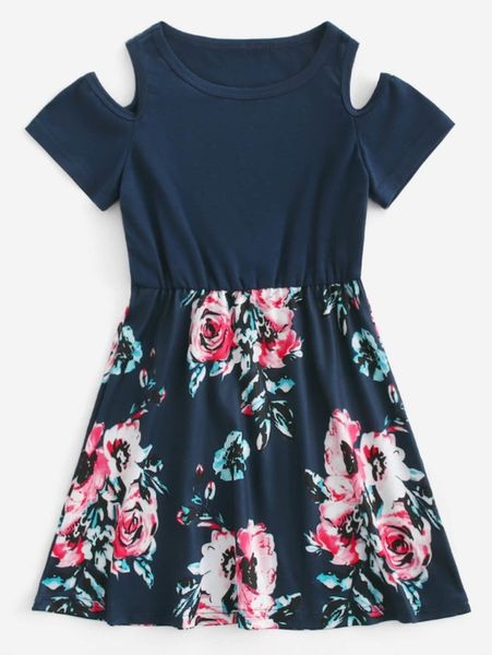 

toddler girls 1pc floral print cold shoulder dress she, Red;yellow