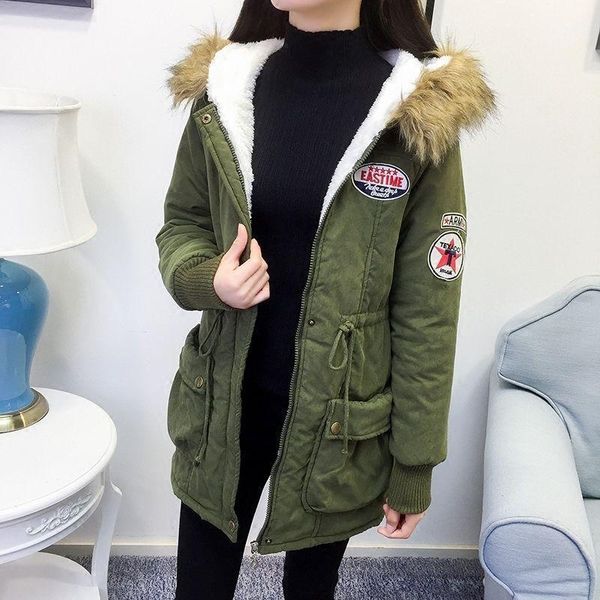 

winter new medium and long solid color big wool collar waistband shows thin hooded work clothes cotton coat for women1, Black