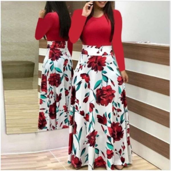 

fall 2020 floral print color matching dress long sleeve women's dress, White