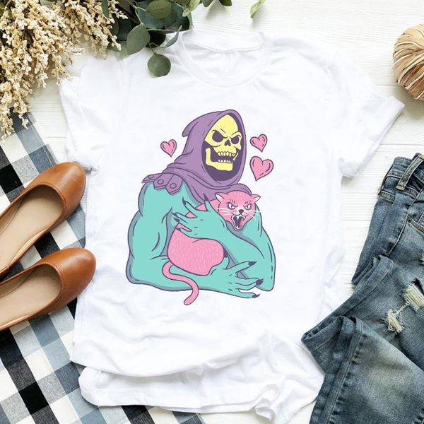 

women t shirt lovely cat skull print tshirt women short sleeve o neck loose t-shirt ladies summer causal tee shirt clothes, White