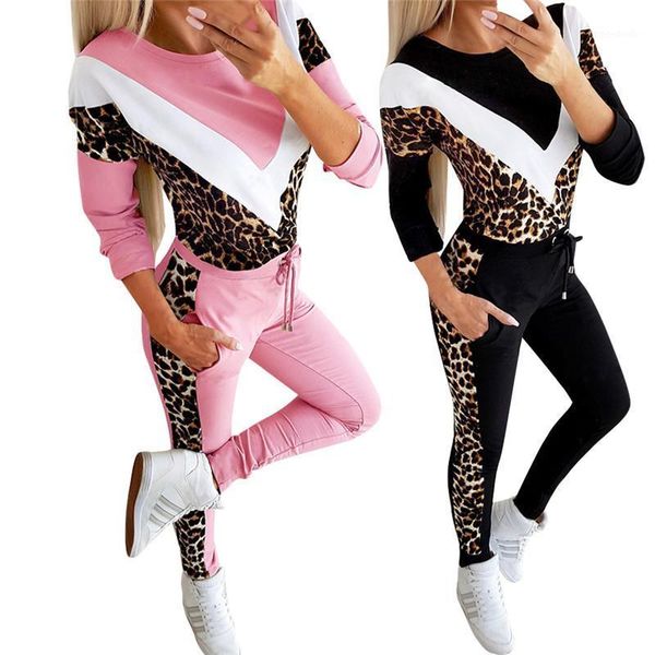 

leopard color patchwork 2020slim women 2 piece set long sleeve drawstring pocket pencil pant casual streetwear suit1, White