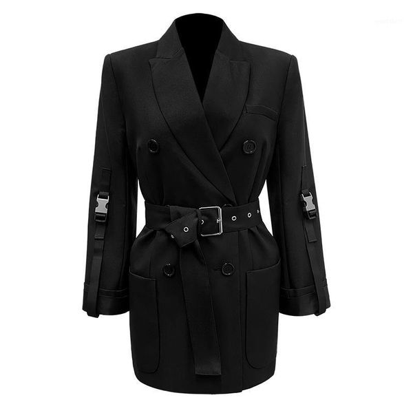 

new designer women black blazer coat double breasted with belt female fashion slim long blazer coat suit jacket1, White;black