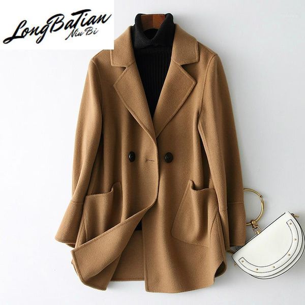 

woman winter elegant casaco 2021 real coat female autumn solid casual jackets for women camel 90% wool coats 390751, Black