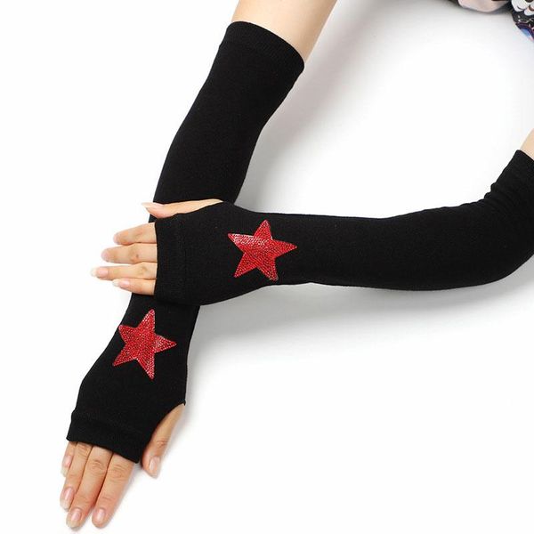 

five fingers gloves female black mittens half finger long knitted warm driving cute animals elasticity dance rhinestone punk, Blue;gray