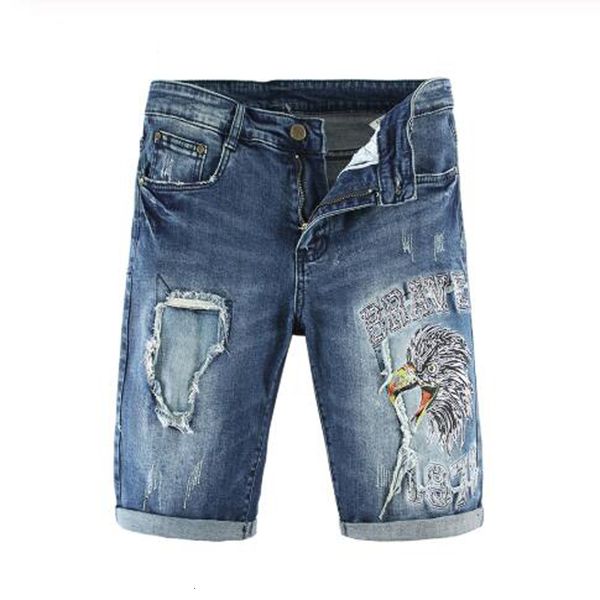 

2021 new men's male fashion casual hawk eagle embroidery knee length denim shorts slim straight embroidered blue jeans 9xvi