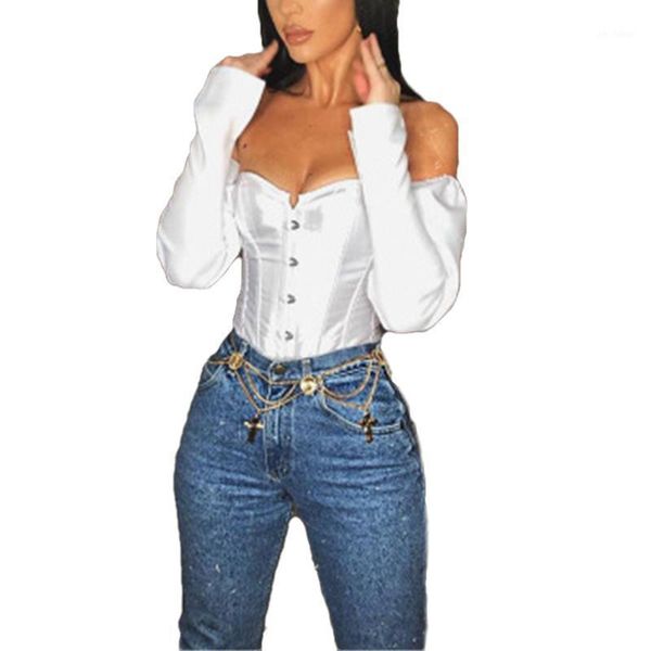 

women off the shoulder t shirt corset party club bandeau strapless backless bandage slash neck puff sleeve t shirts1, White