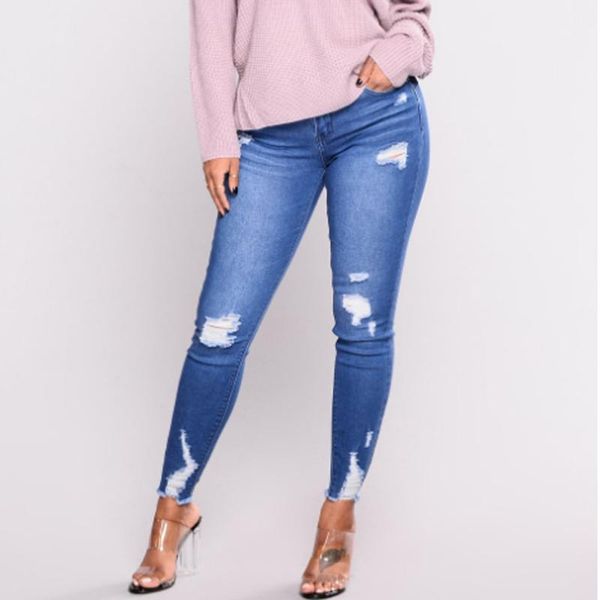 

2021 new blue solid colour hole excoriation pockets elasticity high-waisted skinny jeans women's fashional casual pencil pants