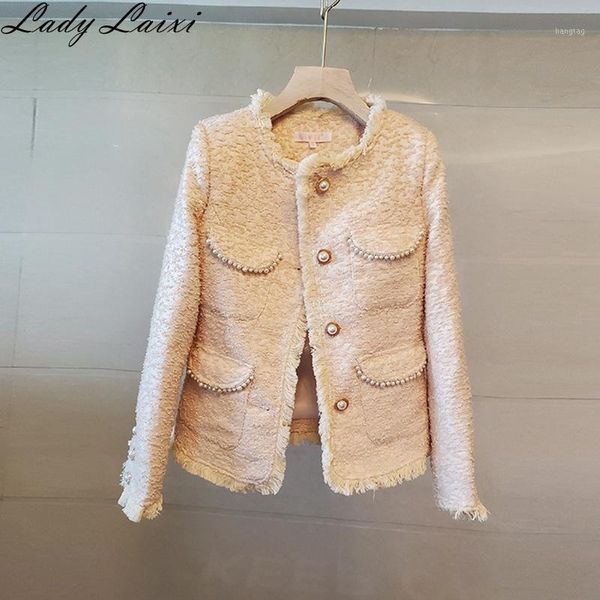 

vintage stylish single-breasted frayed tweed jacket coat women 2020 fashion long sleeve ladies outerwear casual casaco femme1, Black;brown