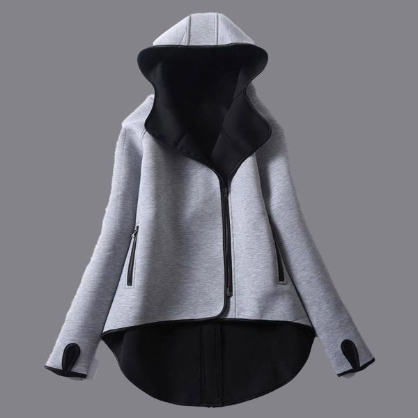

western style hoodie autumn winter fashion all-match irregular hooded zipper gray long sleeve straight coat, Black