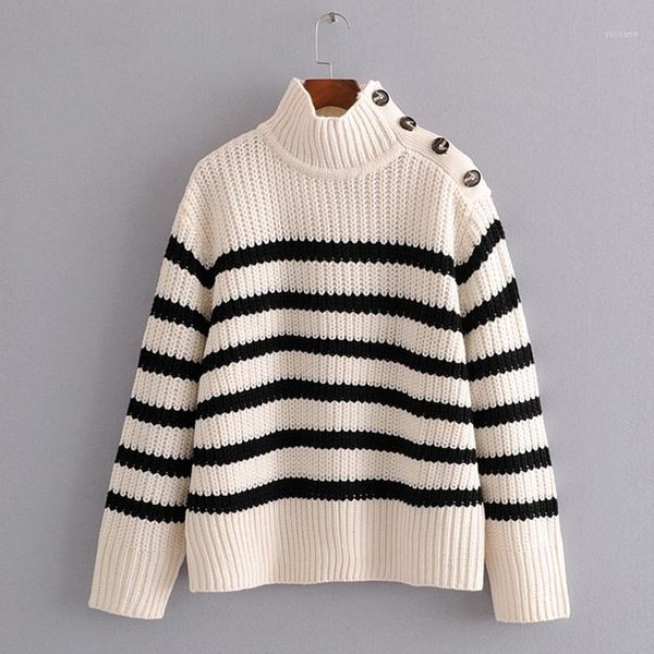 

fandy lokar casual turtleneck sweaters women fashion striped sweater women elegant buttons long sleeve sweaters female ladies ld1, White;black