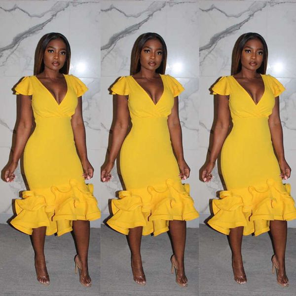 

women's new v-neck ruffle dress 2020, Black;gray