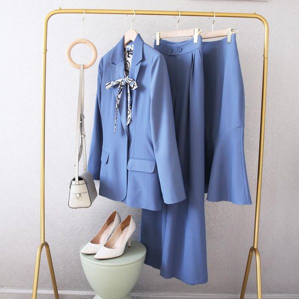 

women's two piece pants 2021 spring and autumn blue double-breasted suit temperament waist wide leg trousers 2-piece set, White