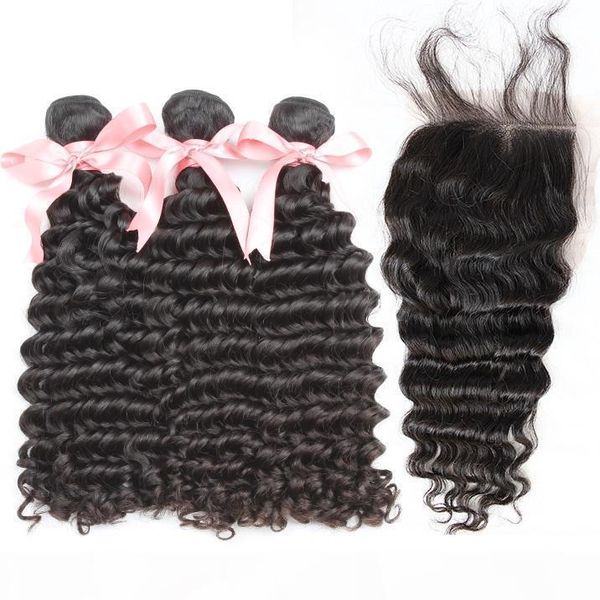 

greatremy 100 unprocessed brazilian hair 3pcs bundles with 1pc deep wave part closure(4*4) full head dyeable drop shipping, Black