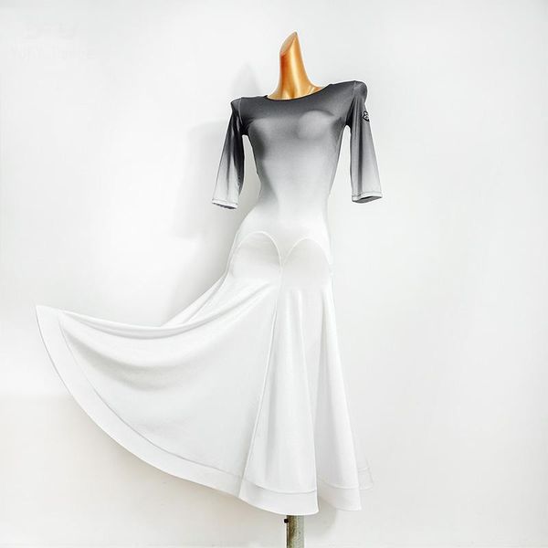 

national standard ballroom dance dress women's gradient color modern long dress fishbone large swing two-wear practice costumes, Black;red