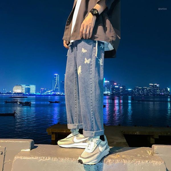 

men's jeans 2021 men's student fashion loose straight denim pantalones homme male ankle-length butterfly pants plus size s-2xl1, Blue