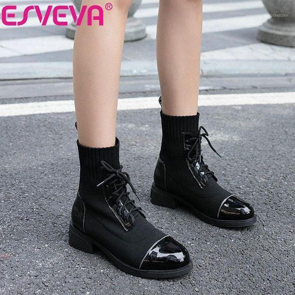 

boots esveva 2021 elegant pu leather ankle autumn winter round toe ladies square med heel women shoes big size 34-431, Black