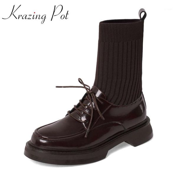 

krazing pot 2021 vintage british style round toe med heel knitting boots cross-tied high street fashion lace up ankle boots l981, Black