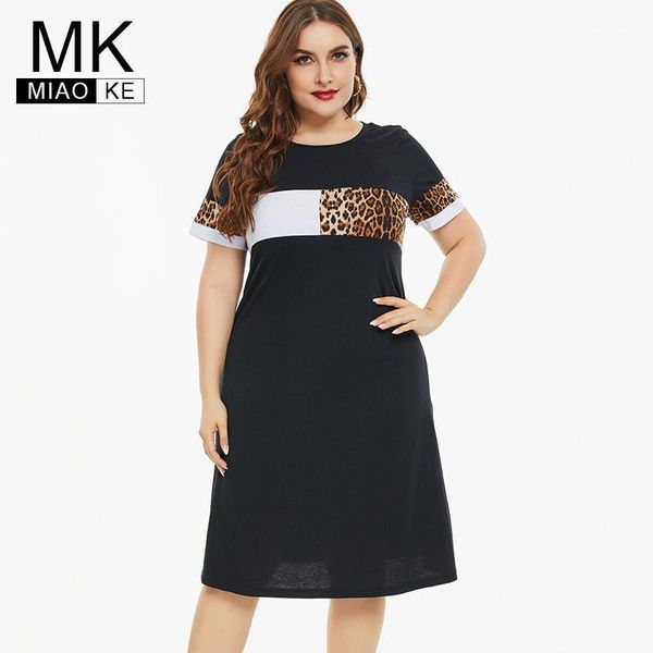 

2020 summer womens plus size short sleeve t-shirt dress fashion ladies casual stitching leopard dresses1, Black;gray