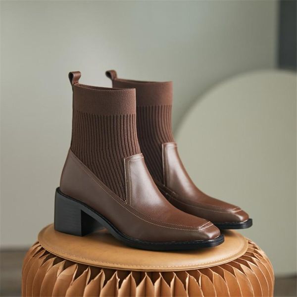 

winter boots women 2021 ankle boots leather patchwork fabric women flat square toe sock womens shoes, Black